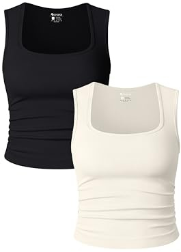 OQQ Womens 2 Piece Crop Tops Rueched Sleeveless Square Neck Stretch Basic Tank Shirts Black Beige