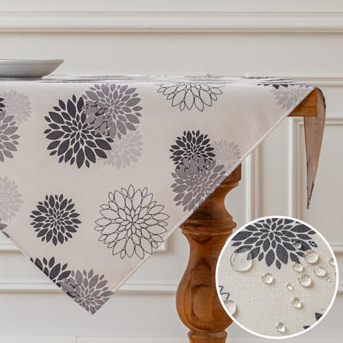 Vorysum Tischdecke Modern Blumen Grau Dahlien Tischwäsche Modern Wasserabweisend Leinen，Dekoration Tischläufer Outdoor Sommer Garten für Hochzeit Esszimmer Party Urlaub Dekor 100 x 100 cm