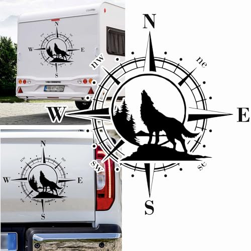 Rakelfix Kompass Wolf bei Vollmond Raubtier Waldbewohner Aufkleber Größe&Farbe wählbar Hund Hunde Wohnmobil Caravan Autoaufkleber Sticker Kompassrose Windrose Camper