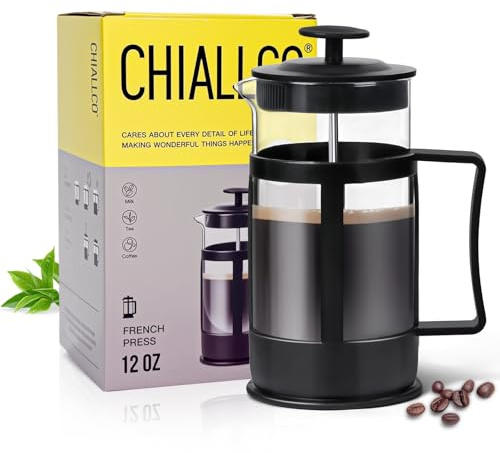 Chiallco Mini cafetière à piston française, résistante à la chaleur, verre borosilicate classique en acier inoxydable, 355 ml, cafetière à thé pour cuisine, voyage, camping, noir