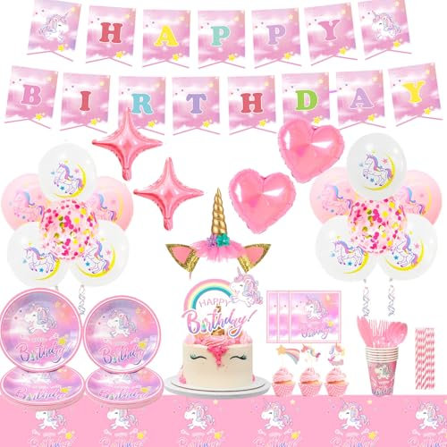 Einhorn Geburtstag Party Set für 16 Gästen,Geburtstag Geschirr Deko Set - Einhorn Pappteller und Becher Tischdecke Banner Geburtstagsdeko