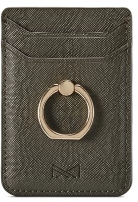 DMaos Card Holder Sleeve with Ring, RFID Credit Wallet PU Leather Stick On Back Grip for iPhone Samsung Smartphone - Army Green