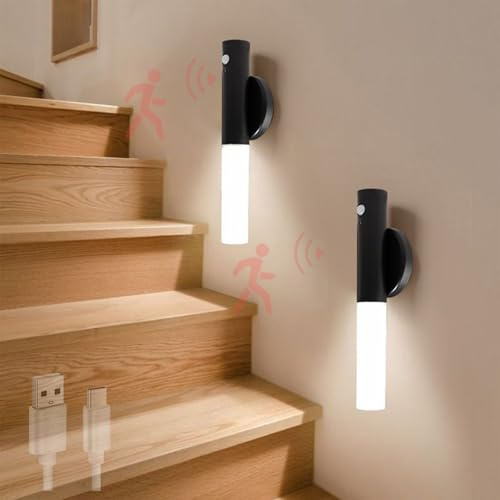 TZSMUM Innen Akku Batterie Wandlampe mit Bewegungsmelder Wandleuchte USB Aufladbar Kabellos Wandleuchten LED Treppen Licht Wand Nachtlicht Schlafzimmer Kinderzimmer Flur Lampe (2 Stück)