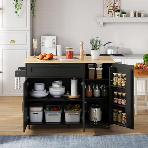 Kebnor Grande tavolo da cucina mobile, piano di lavoro pieghevole, in quercia, con venature multifunzionali, portaspezie, portasciugamani, 5 rotoli, adatto per cucina/mangiare/casa (nero)
