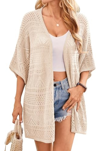 GRACE KARIN Damen Hohle Strickjacke Lässige Fledermaus Kurzarm Cardigan Lockere Lange Sommer Kimono Urlaub Strand Cover Up