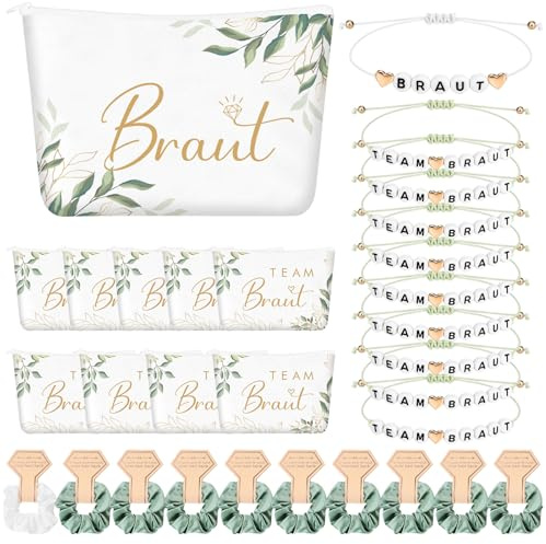 Hestya 30 Stück JGA Accessoires Frauen 10 Braut Make up Tasche Team Braut Kosmetiktasche 10 JGA Armbänder 10 Haargummis Team Bride Geschenk für Bride Brautjungfern Hochzeit Junggesellinnenabschied