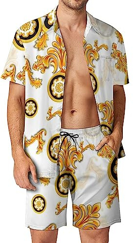 Anceky Camicia hawaiana da uomo con motivo barocco e pantaloncini, completo da spiaggia abbottonato a maniche corte, da crociera, 2 pezzi