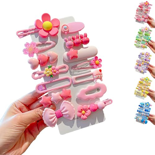 LaresDay Niedliche Haarspangen Set für Mädchen - 14 Stück mit Blumen, Früchten & Tieren - Rutschfeste Metallclips (Rosa)