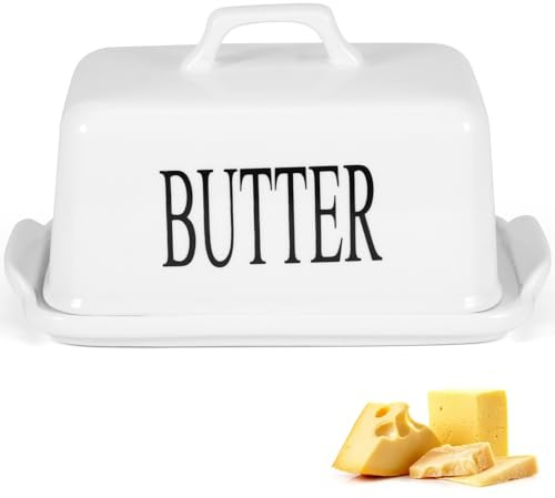 Ceramic Butter Dish with Lid – White Butter Holder for Countertop, Lightweight & Durable Butter Container with Yellow Tray, Large Butter Box Fits Most Stick Sizes