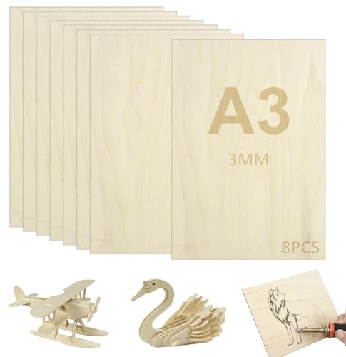 YushengTai Lot de 8 contreplaqué A3 de tilleul 3 mm (420 x 297 mm) – Bois de tilleul compatible avec découpe laser, pyrogravure et modélisme – Plaque multiplex légère pour bricolage, décoration et