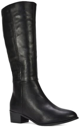 ESSEX GLAM Women's Knee High Boots Ladies Classic Block Low Heel Zip Western Black Synthetic Leather Calf Riding Booties Size 4
