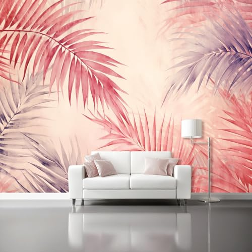 Papel pintado Hojas De Palma, 250 x 175 cm Estilo Minimalista De Acuarela Papel tapiz fotográfico personalizado no tejido para sala de estar, decoración de pared Rosa Claro Beige