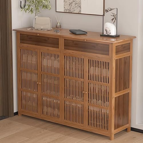 Armario de almacenamiento de zapatos independiente de 6 niveles, entrada rústica con puertas con persianas y cajones abatibles, gran capacidad, 130 x 35 x 99 cm, elegante zapatero para el hogar