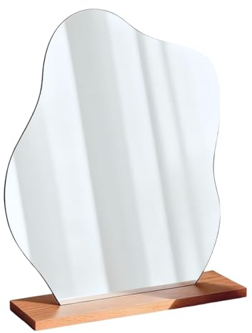 leruiyezs Tischspiegel Asymmetrisch Aus Acryl Mit Holzsockel,Acryl Schminkspiegel Rahmenlose Für Schlafzimmer Wohnzimmer Badezimmer,Unregelmäßiger Wellen Spiegel Klein Deko Kosmetikspiegel Modern