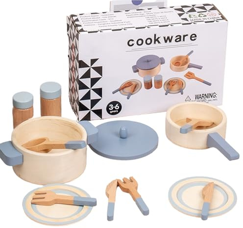 Play Kitchen Accessories Set - Wooden Cookware, Pretend Food Toys | 10 Pieces Pots Pans, Boys Girls Educational Kitchen Playset, Interactive Toy Dishes, Storage Tool, Kids Cooking Role Play