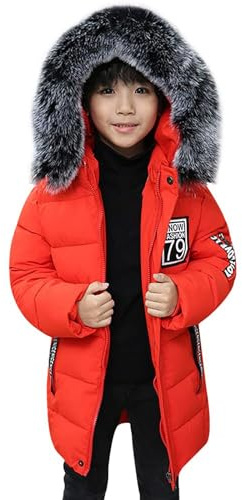 Abrigo de invierno para niños, chaqueta acolchada de longitud media, impermeable, resistente al viento, forro polar, parka pesada con capucha de piel sintética, naranja, 9-10 años