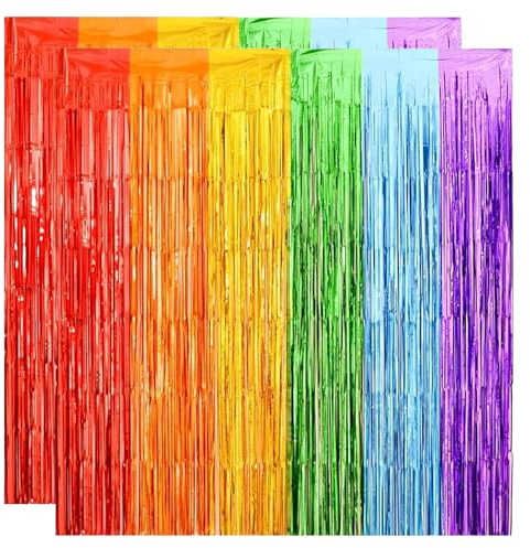 2 Stück Regenbogen Fasching Party Dekorationen, Folienfransen Glitzervorhang 1m x 2m Tinsel Curtain, Regenbogen Fasching Lametta Vorhänge, Metallische Folie Fransen Vorhang (Bunt)