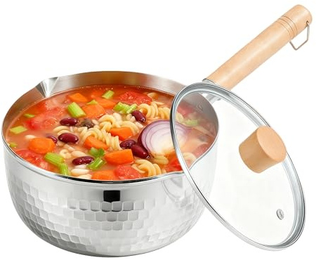 2 Quart Sauce Pan with Lid, Stainless Steel Saucepan with Dual Pour Spouts, Small Sauce Pot with Cool-Touch Wood Handle