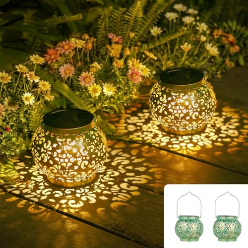 JOYCREATOR Solarlaterne für Außen Hängend & Stehend, 2 Stück Solarlampen für Außen Garten IP65 Wasserdicht, Metall Retro Solar Laterne Outdoor für Deko Aussen Balkon Tish Rasen Veranda(Grüngold)