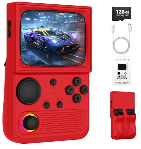 R36T Retro Games Console, Handheld Games Consoles with 128GB 22000+ Classic Games, EmuELEC System & Multiple Emulators, 3.5 IPS CRT Screen, 3500mAh Battery, with Portable Case for Adult, Red
