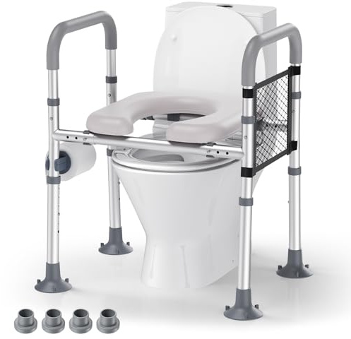 Rialzo WC per Anziani, Alzata per WC con Altezza e Larghezza Regolabili, Alza Water x Anziani con Braccioli per Anziani, Seduta Imbottita e Telaio in Alluminio, Adatto a Qualsiasi WC, Portata 150 kg