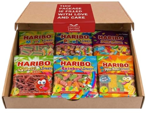 Jumbo Jumble Haribo Sauer & Regenbogen Vegan Mix Set 3 (6er Pack) | V-Label vegan & gelatinefrei. 6 fruchtige Sorten: Miami, Pixel, Jelly Beans, Spaghetti Red, Rainbow & Pasta Basta.