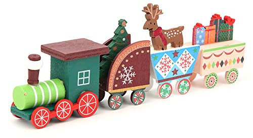 HUSHUI Mini Trätågleksak för Barn Festlig Dekoration Röd Grön Vit 4-delad Presentstorlek 24 X 6 X 3 Cm (Färgrik)