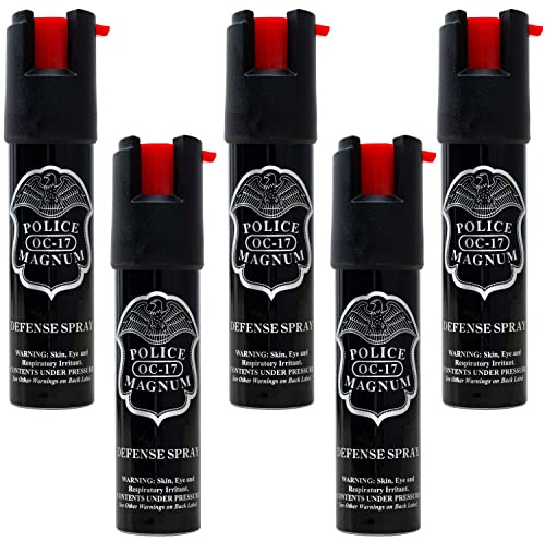 Police Magnum Compact Pepper Spray Self Defense- Tactical Maximum Heat Strength OC- Small Discreet Carry Canister- Made in The USA- 5 Pack 3/4oz TL