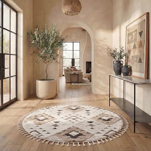 SAFAVIEH Zottelig Teppich für Wohnzimmer, Esszimmer, Schlafzimmer - Moroccan Tassel Shag Collection, Kurzer Flor, Elfenbein und Braun,