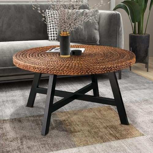 RANDEFURN Round Coffee Table, Seagrass Coffee Solid Pine Wood X Base Frame Cocktail Table, Easy Assembled, Multiple Sizes for Living Room, 32 x 17 Inches,Gold