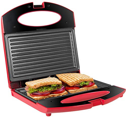 Gotoll Sandwichtoaster Panini Grill 750W, Sandwich- & Paninitoaster mit Antihaftbeschichteten Platten, Panini Maker leichte Reinigung, Plattengriller Toaster, Rot