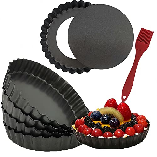 DATANYA 6 Pack 5 Inch Mini Tart Pans with Removable Bottom Round Nonstick Quiche Pan, Heavy Duty Fluted Side Pie Tart Molds for Tartlets, Mousse Cakes, Dessert Baking