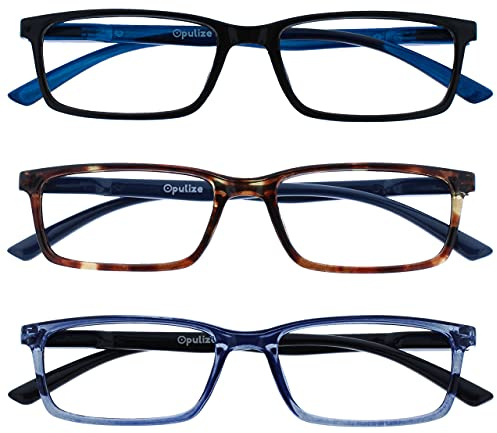 OPULIZE SEE Blaulichtfilter Lesebrille für Damen Herren, Blendfreie UV400-Schutz Federscharnier Anti-Müdigkeit, Rechteckiger Rahmen, Computerbrillen Gaming, 3er-Pack Schwarz Braun Blau +1,50