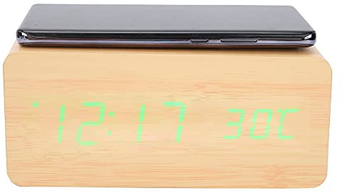 Hztyyier Holzuhr Wecker mit Temperaturmessung Handy Kabelloses Laden Holz Sprachsteuerung Multifunktionsgerät(Bambus grünes Licht)