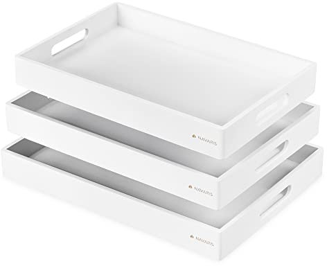 Navaris Bandeja Rectangular de bambú - Set 3X bandejas para Cocina Servir Comida Desayuno Comer en Cama - 3X Fuente Grande Mediana pequeña - Blanco