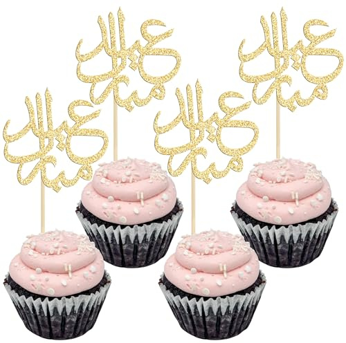 Gyufise 24Pcs Gold Glitter Eid Mubarak Cupcake Toppers Arabic Happy Eid Ramadan Kareem Cake Decorations Islamic Muslim Party Supplies Decorations
