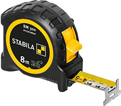 STABILA Taschenbandmaß BM 300, 8 m (26'), Maßband mit doppelseitiger cm/inch-Skala, bruchsicheres PC/ABS-Gehäuse, SPIKES-Haken, Stahlband mit NYLON-WRAP-Ummantelung, Gürtel-Clip, MID-Genauigkeit