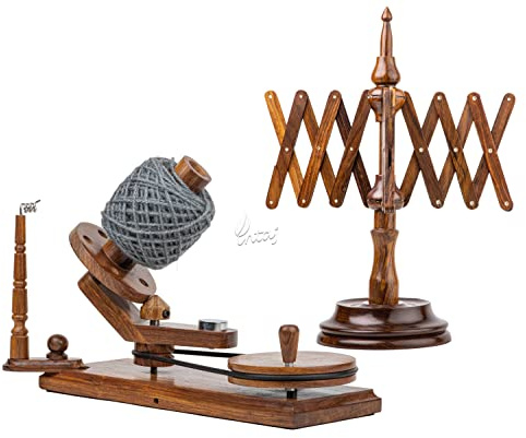INTAJ Rosewood Yarn Winder and Swift Set, Wooden Hank to Cake Kit | Matched rosewood ball winder and umbrella swift, everything needed to wind hanks into center-pull cakes.