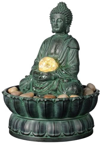 Haobos Indoor Tabletop Fountain Exquisite Sitting Buddha Fountains Meditation Desk Water Fountain Decorative Zen Fountain w/ Glass Rolling Ball/LED/Stone Office and Home Decor 9.4 (21127A)