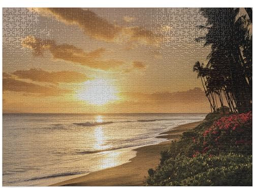 ABAKUHAUS hawaiisch Puzzle, Sonnenuntergang am Sand Beach, Heirloom-Qualität lustige Aktivität für die Familie langlebiger Karton, 1000 Stücke, Orange, Grün, Rosa