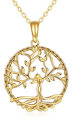 KECHO Collana con ciondolo a forma di albero della vita, in oro massiccio 14 carati, regalo di compleanno per madre o figlia, Oro, Zirconia cubica