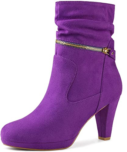 Perphy Bottines à talons carrés mi-mollet avec fermeture éclair et plateforme pour femme, violet, 37 EU