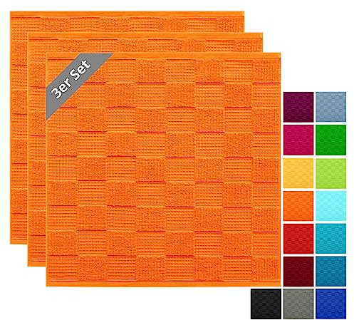 Lashuma Geschirrtücher 100% Baumwolle - Küchenhandtücher & Geschirrhandtücher 50x50 cm Waffelpique & Frottee Orange, 3er Set | 100% Baumwolle in schwerer 420 gsm Qualität, saugstarke Abtrockentücher im 3er Set für Geschirr und Hände