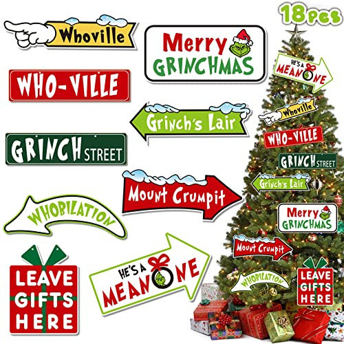 18 Stück Grinchs Ornamente für Weihnachtsbaum, Grinchs Baumdekoration, Whoville Weihnachtsdekorationen Papier hängende Ornamente für Winter Xmas Party Gastgeschenk Zubehör
