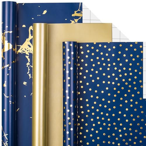 MAYPLUSS Geschenkpapierrolle – Mini-Rolle – 43,2 x 304,8 cm pro Rolle – marinegoldenes Design (42,3 m²)