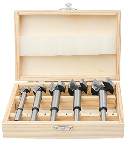 Juego de brocas Forstner para madera, juego de brocas Forstner, juego de brocas para madera, diámetro de 15 – 35 mm, Forstner Bits con vástago redondo, accesorios para taladro, con caja de madera