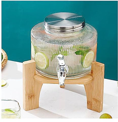 WYJRO Dispensador De Bebidas De Cristal,Dispensador De Bebidas De Vidrio con Grifo De ABS Y Tapa para Bebida Caliente O Fría - Garrafa De Agua,Faucet c+Base,2.5L