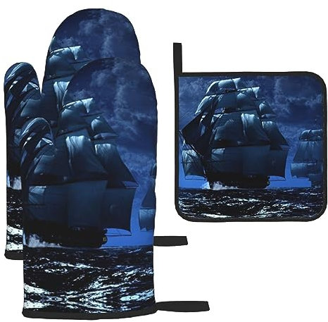 Ofenhandschuhe und Topflappen-Set, maritimes Vintage-Segeln, Piratenschiff-Druck, Ofenhandschuhe und Topfpads, hitzebeständige Küchenhandschuhe und rutschfeste Topflappen zum Kochen, Backen, Grillen