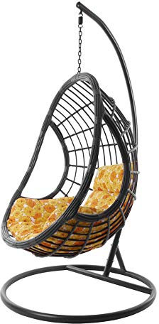 KIDEO Komplettset: großer Hängesessel mit Gestell & Kissen, Hängesessel grau, Indoor & Outdoor, Poly-Rattan, anthrazit (Kissen: gelb geblümt Nest (2300 Sunflower))