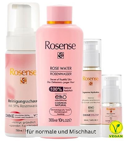 Rosense Pflegeset für normale/Mischhaut: Reinigungsschaum 150ml mit Panthenol, Rosenwasser/Gesichtswasser 300ml, Gesichtscreme mit Hyaluronsäure 50ml, Augenserum 15ml - Hautpflegepaket
